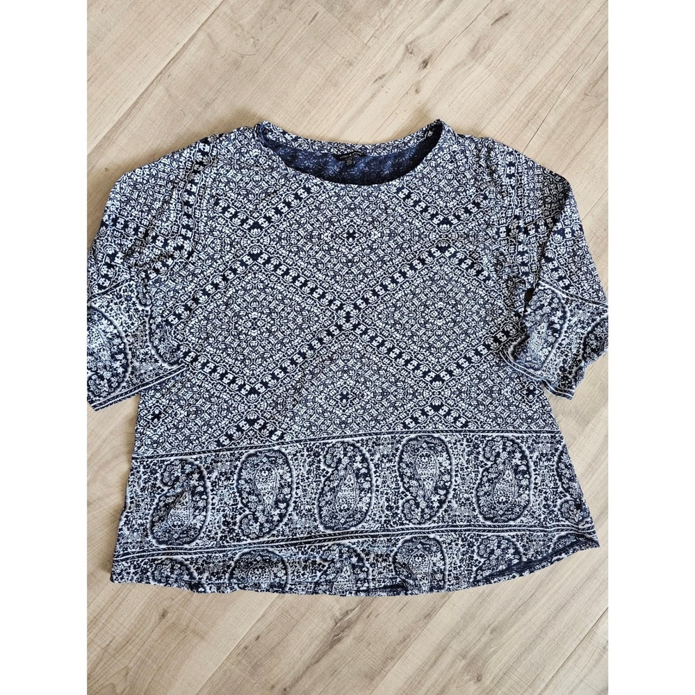 Lucky Brand Womens 1X Navy White Paisley Medallion 3/4 Sleeve Cotton Modal Top